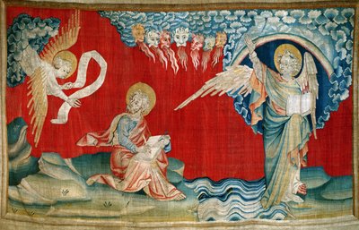 O anjo com um livro aberto, no.27 de &39;O Apocalipse de Angers&39;, 1373-87 (tapeçaria) de Nicolas Bataille